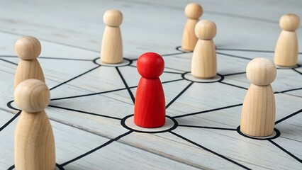 Obraz premium Leadership and Network Influence Concept – Red Wooden Figure at Center of Connected Web of Natural Wood Figures on Light Surface, Social Connectivity, Team Structure, Central Authority, Relationship M