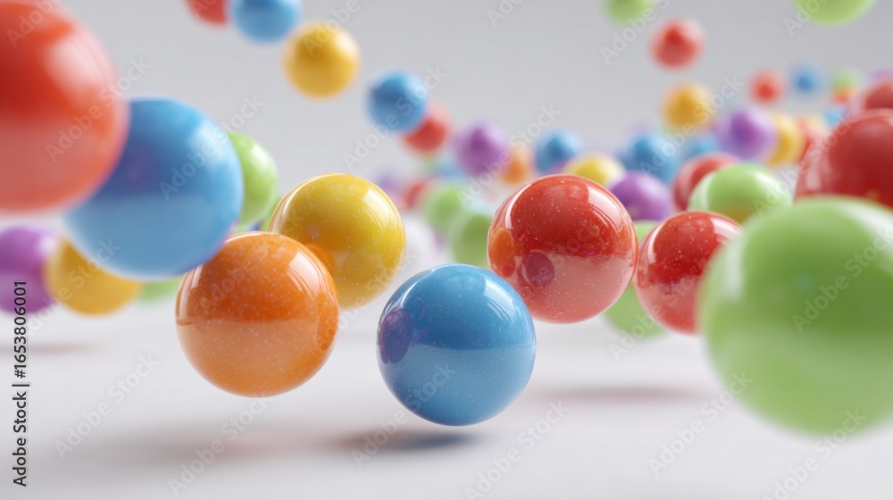 Poster a multitude of shiny spheres in various colors appears to be moving fluidly against a simple white b