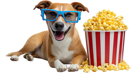 Dog's Movie Night: A cheerful dog donning 3D glasses sits beside a large bucket of popcorn, capturing the delight of a movie night experience.