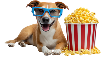 Dog's Movie Night: A cheerful dog donning 3D glasses sits beside a large bucket of popcorn, capturing the delight of a movie night experience.