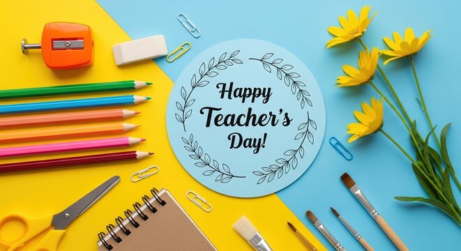 Celebrate Teacher's Day with vibrant school supplies and a heartfelt greeting card message