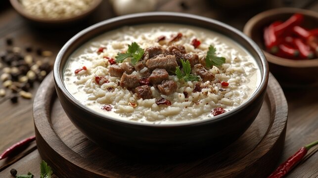Authentic Dushbara Soup with Rice, Meat, and Herbs on Wooden Surface