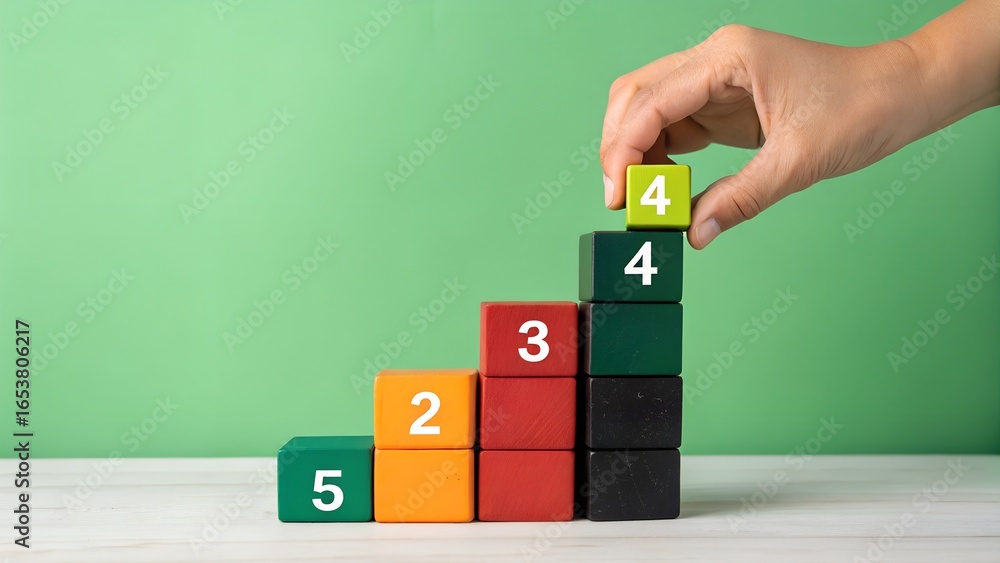 Poster numerical progression concept – colorful blocks in staircase pattern with numbers 2 to 5 on green ba