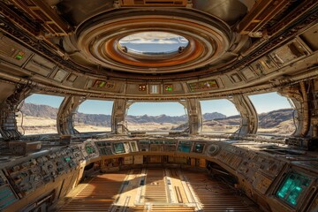 Inside UFO: View of Traveling Through the Galaxy with Control Panel