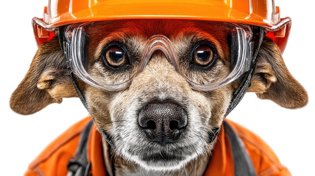 Construction Dog: A close-up shot captures a dog dressed as a construction worker wearing an orange helmet and safety goggles, in a lighthearted and whimsical representation of work and safety.