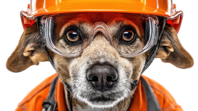 Construction Dog: A close-up shot captures a dog dressed as a construction worker wearing an orange helmet and safety goggles, in a lighthearted and whimsical representation of work and safety.