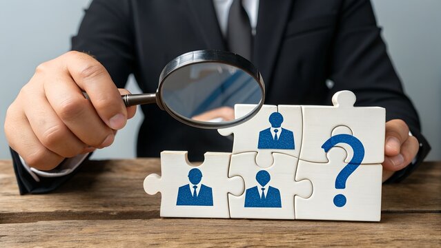 Recruitment and Team Building Concept &ndash; Person in Suit Holding Magnifying Glass Over Puzzle with Businessperson Icons and Unplaced Piece with Question Mark, Talent Search, HR Strategy, Candidate Selec