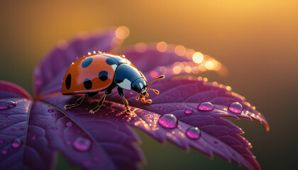 Macro shot of a vibrant red ladybug resting on a purple leaf with sparkling morning dew drops in warm sunlight