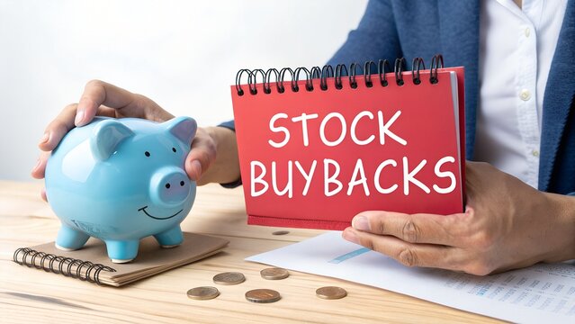 Stock Buyback Strategy Concept &ndash; Person Holding Red Notepad with Text, Blue Piggy Bank and Coins on Wooden Surface, Financial Planning, Corporate Investment, Share Repurchase, Equity Management