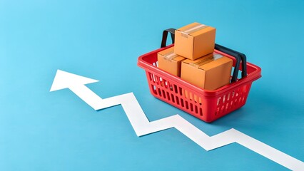 E-commerce Growth Concept – Red Shopping Basket with Cardboard Boxes and Upward White Arrow on Blue Background, Online Retail Surge, Package Delivery, Market Expansion, Consumer Demand