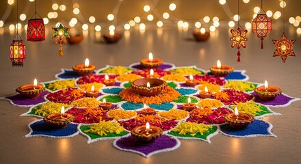 Photo of vibrant diwali rangoli decoration with candles and lanterns, a traditional indian art form for the festival of lights celebration
