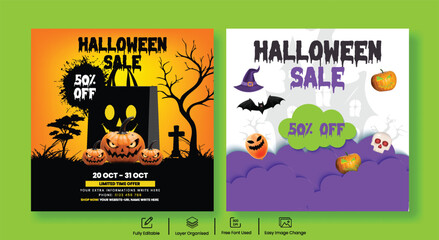 Halloween Sale Promotional Banner with Editable Square Ads, Pumpkin Illustration, Spooky Background, Scary Face Shopping Bag Discount Template for Social Media Marketing