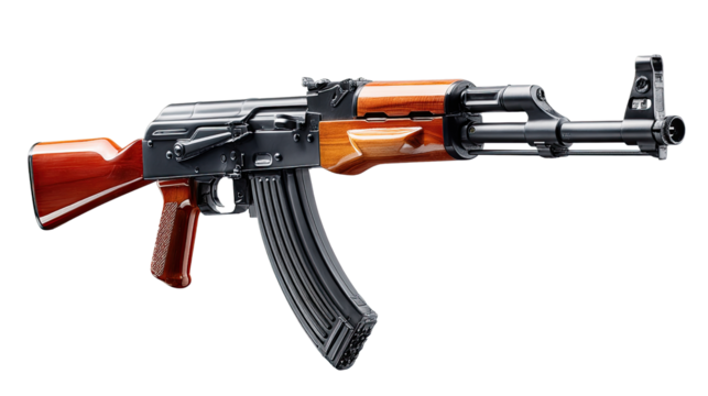 AK-47 Assault Rifle: A detailed studio shot showcases a powerful and iconic AK-47 assault rifle, a symbol of military strength and precision engineering.