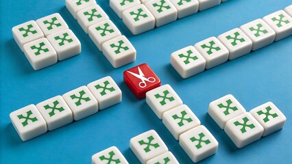 Disruption and Uniqueness Concept – Red Tile with Scissors Symbol Surrounded by White Tiles with Green Four-Leaf Clovers on Blue Background, Innovation, Breaking Tradition, Strategic Contrast