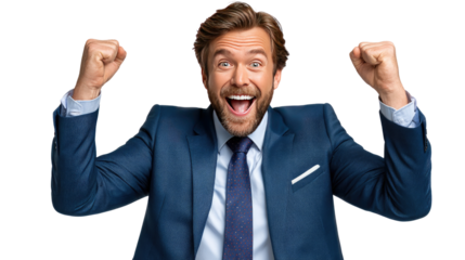 Joyful Triumph: A jubilant businessman exudes pure joy, his face a mask of elation as he celebrates a monumental success with arms triumphantly raised. capturing a perfect moment
