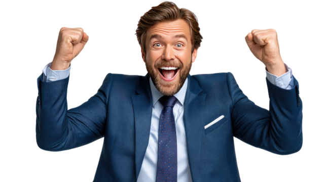 Joyful Triumph: A jubilant businessman exudes pure joy, his face a mask of elation as he celebrates a monumental success with arms triumphantly raised. capturing a perfect moment