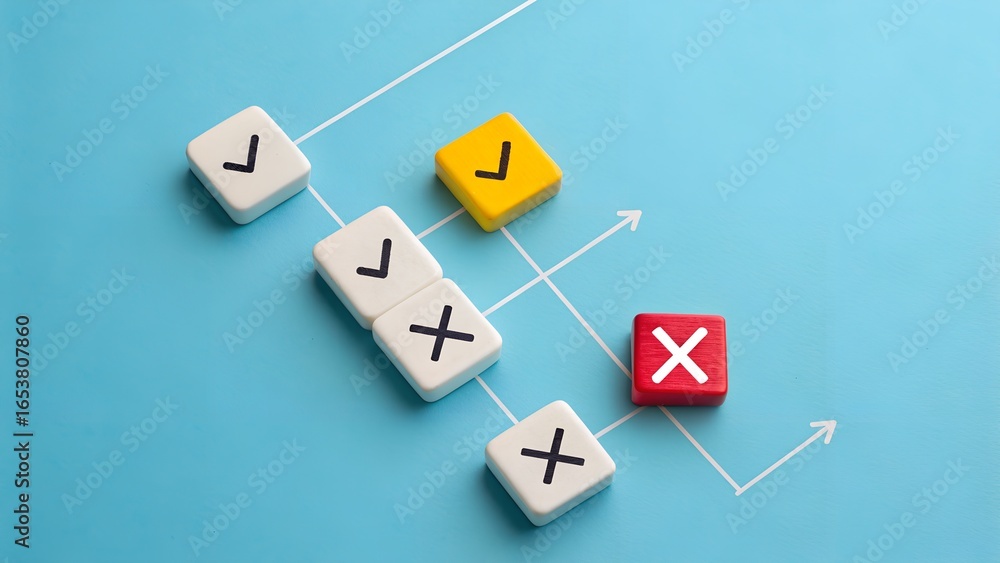 Poster decision flow concept – white and colored cubes with check marks and x marks connected by arrows on 