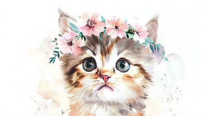 watercolor painting cute baby cat wearing flower crown