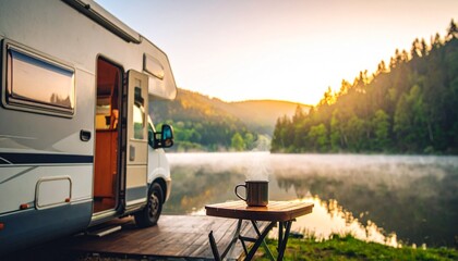 RV camper van parked at a misty lake during a beautiful sunrise, surrounded by tranquil mountains and forests, embodying nature travel and adventure.