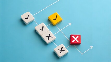 Decision Flow Concept – White and Colored Cubes with Check Marks and X Marks Connected by Arrows on Blue Background, Process Mapping, Strategic Choices, Outcome Evaluation