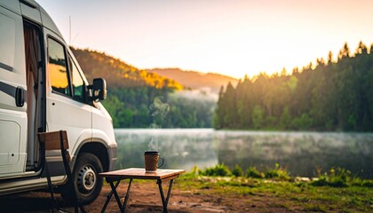 Camper van parked by serene lake at golden sunrise, offering a peaceful outdoor adventure and camping experience.