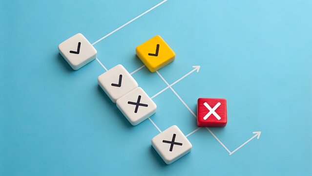 Decision Flow Concept – White and Colored Cubes with Check Marks and X Marks Connected by Arrows on Blue Background, Process Mapping, Strategic Choices, Outcome Evaluation - Powered by Adobe