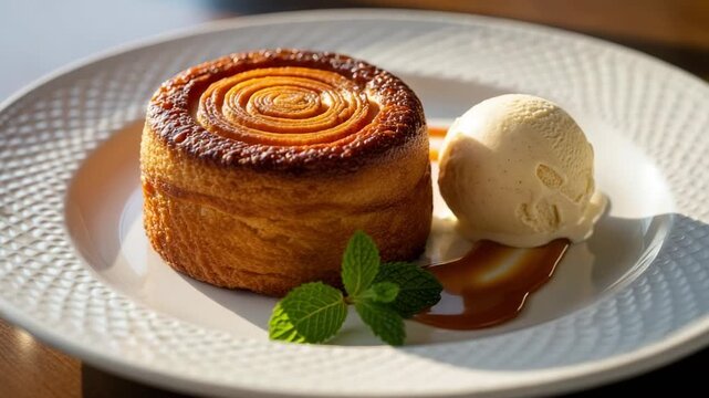Cruffin with vanilla ice cream and caramel sauce. A delicious gourmet pastry dessert served on a white plate with a mint garnish.