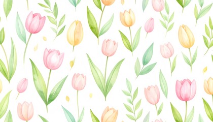 Delicate Watercolor Tulip and Leaf Pattern