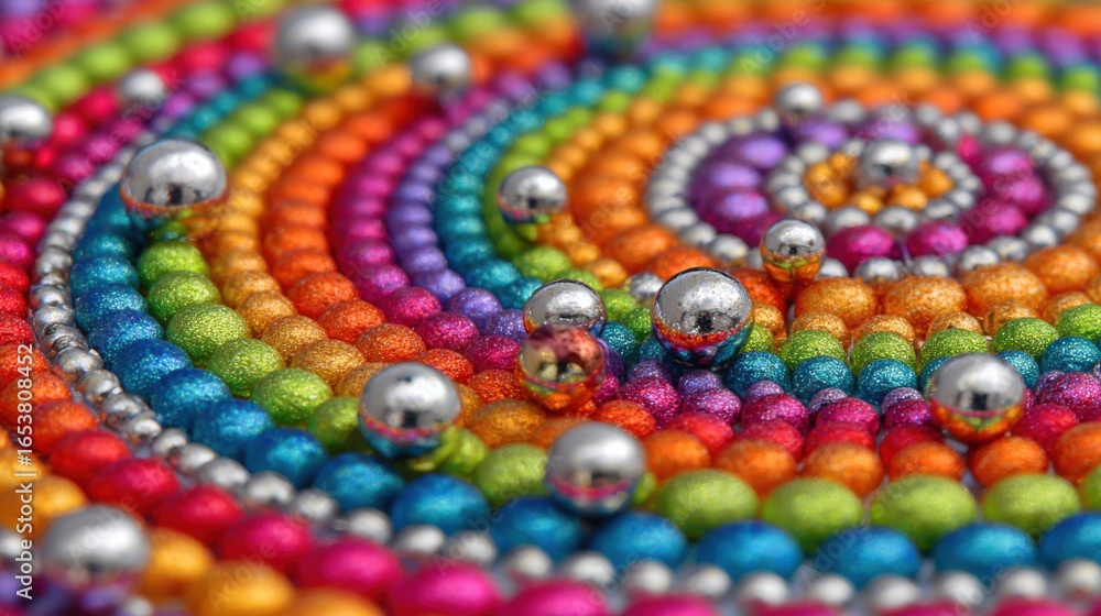 Poster a circular pattern made of shiny metallic beads in various colors creates a vivid spiral design. the