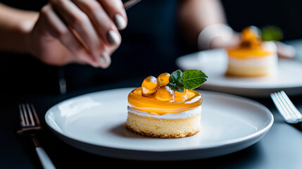 Exquisite Dessert Delight: A close-up shot showcases an enticing gourmet dessert, artistically presented on a pristine plate, promising a delightful culinary experience.