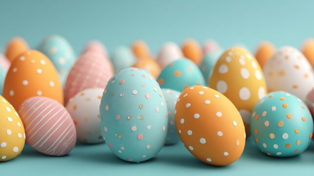 A collection of intricately decorated Easter eggs in pastel colors is artfully arranged on a light blue surface, capturing the spirit of springtime festivities.