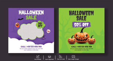 Editable Halloween Sale Banner Template with Scary Face Pumpkin, Square Background, Discount Ads, Illustration Style, Promotional Offer, and Space for Product Image