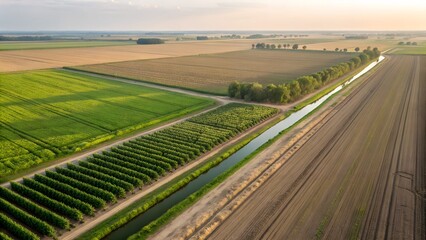 Agricultural Landscape with Irrigation Canal – Aerial View of Crop Fields, Sustainable Farming, Water Management, Rural Infrastructure
