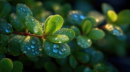 Dew-kissed leaves bask in warm sunlight, showcasing vibrant green hues and glistening droplets