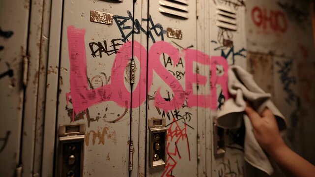 Tired African-American teen resting outside concept. A close-up of a graffiti-covered school locker with the word 'LOSER' prominently displayed.