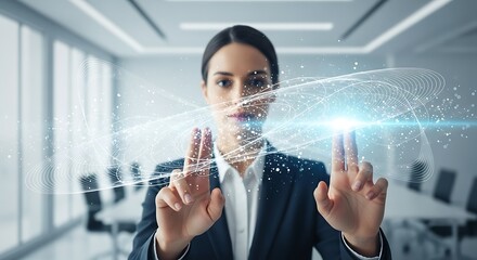 Confident businesswoman interacts with futuristic digital interface, visualizing data in modern office