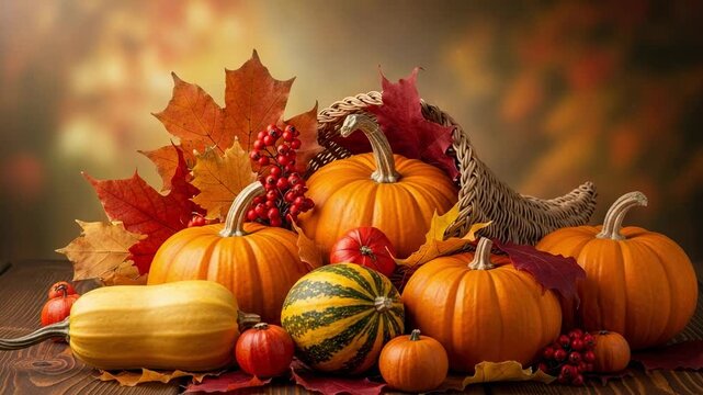 Thanksgiving cornucopia with a bounty of pumpkins, squash, and fall leaves on a rustic wooden table.
