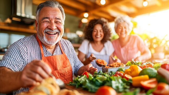 Joyful Culinary Ensemble: A multigenerational family is gathered around a vibrant table, fully immersed in the process of cooking a healthy meal, brimming with fresh, colorful ingredients. - Powered by Adobe