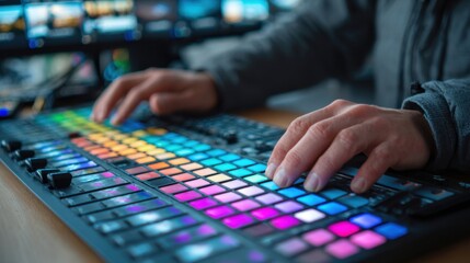 An individual is actively using a vibrant editing console with colorful buttons to produce digital media content in a contemporary studio setting equipped with multiple screens.