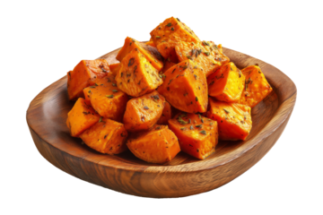 Baked or roasted sweet potato cubes with herbs and spices on wooden plate, isolated on white transparent background, concept of healthy homemade snack