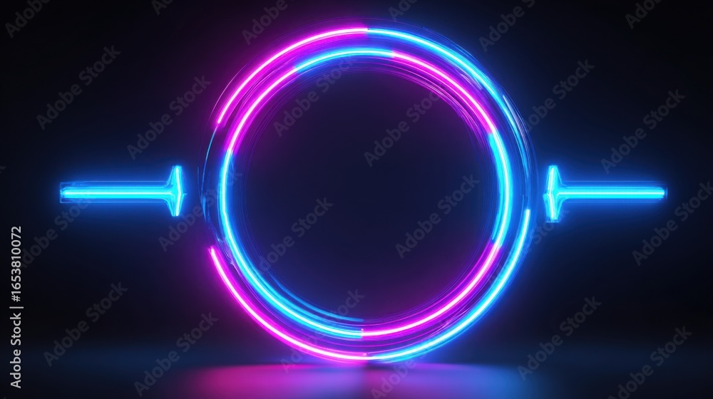 Poster bright neon lights form a circular shape with alternating pink and blue colors, creating a striking 