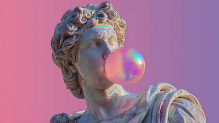 A classical marble statue of a male figure is blowing a large bubble gum bubble. The artwork contrasts with a vibrant pastel background, creating a fun and modern twist on tradition.