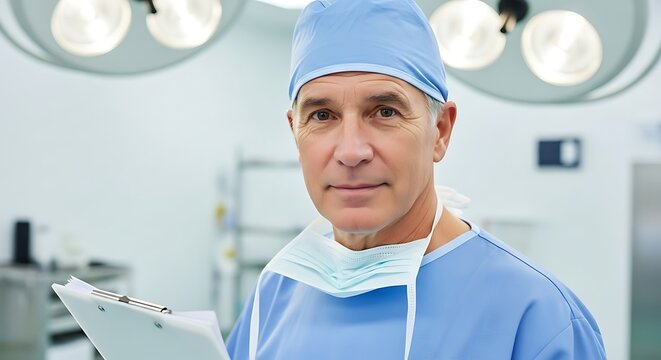 Experienced surgeon in scrubs with mask ready for procedure, holding patient chart in modern operating room - Powered by Adobe