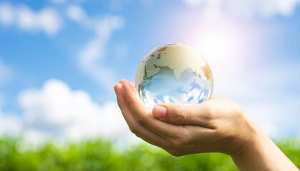 A person's open hand holding the earth in a clear blue sky with clouds and green grass in the background, symbolizing care for the planet