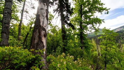 Fototapeta premium Forest scene with sunlight