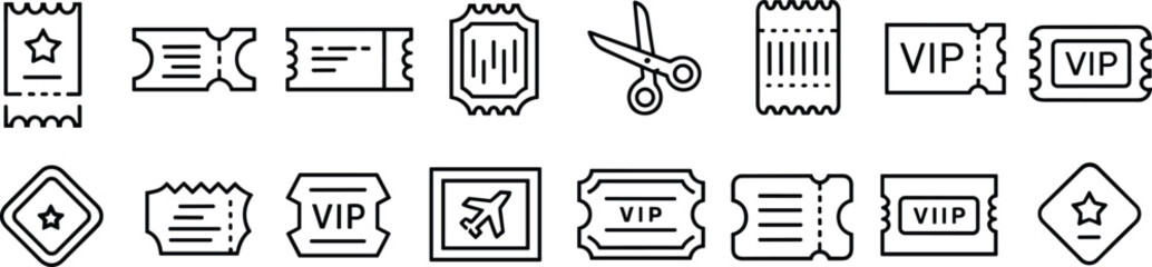 Event ticket icons, cinema coupon outline, VIP admission pass, travel boarding card, concert entry design, movie show ticket vector illustration