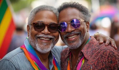 Happy senior black gay men hugging at a Pride event. Elderly African American homosexual couple in love, celebrating LGBTQ+ inclusion and diversity at a summer festival. Rainbow, Generative AI