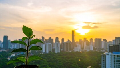 A hopeful symbol of new beginnings, a small green plant sapling thrives against the warm golden glow of a sunset over a city skyline.