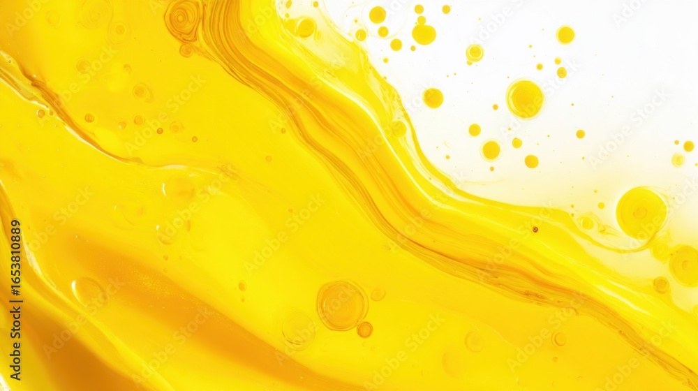 Poster vivid yellow paint flows in dynamic patterns across a blank canvas, showcasing fluid motion and text