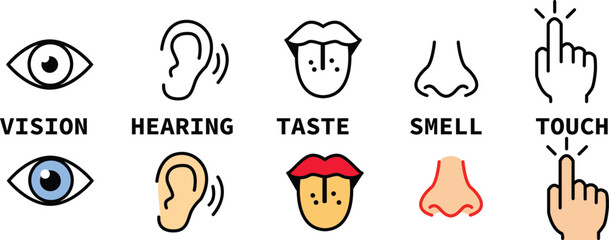 icon set of five human senses. vision eye, smell nose, hearing ear, touch hand, taste mouth with tongue sign. medical reference symbol. five types of human sense logo. flat style.
